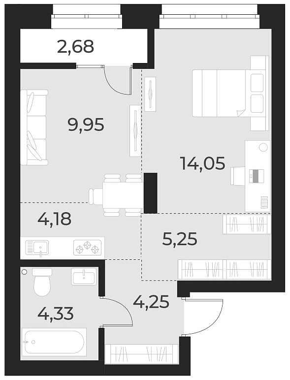 Планировка 2е-к. квартира 42.00 м² в ЖК «Русское солнце»