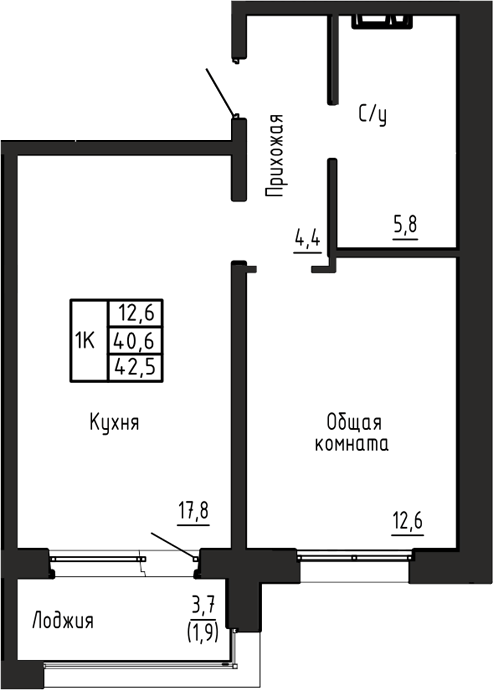 Планировка 1-к.кв 40.60 м² в ЖК «Акварельный 4.0»