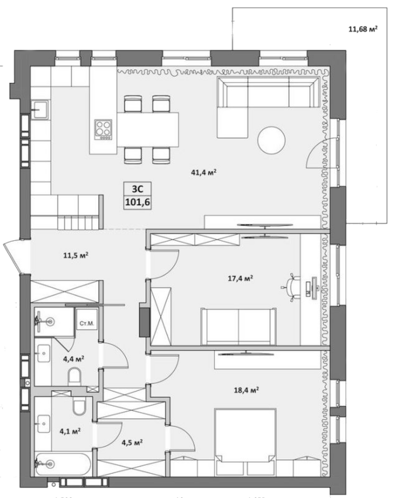 Планировка 3е-к.кв 109.60 м² в ЖК «Жуковка»