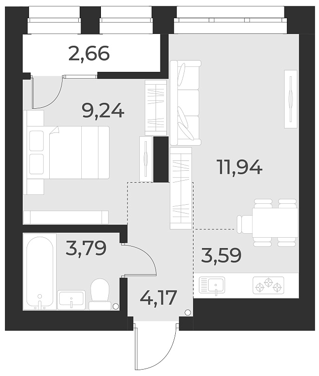 Планировка 2е-к. квартира 32.70 м² в ЖК «Русское солнце»