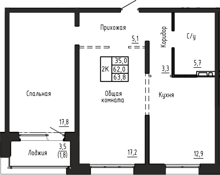 Планировка 2-к.кв 62.00 м² в ЖК «Акварельный 4.0»