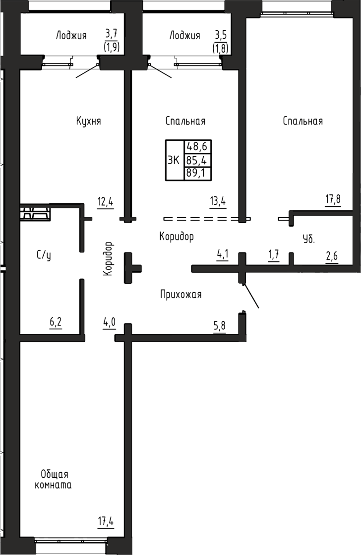 Планировка 3-к.кв 85.40 м² в ЖК «Акварельный 4.0»