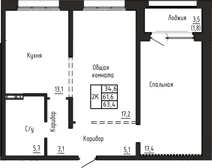 Планировка 2-к.кв 61.60 м² в ЖК «Акварельный 4.0»