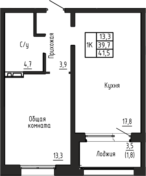 Планировка 1-к.кв 39.70 м² в ЖК «Акварельный 4.0»