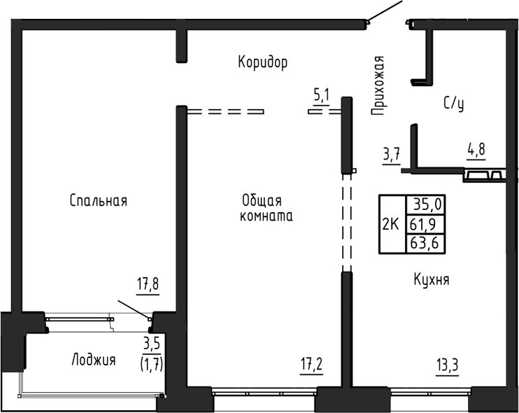 Планировка 2-к.кв 61.90 м² в ЖК «Акварельный 4.0»