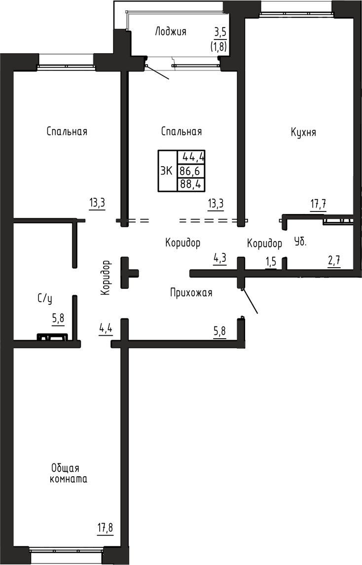 Планировка 3-к.кв 86.60 м² в ЖК «Акварельный 4.0»