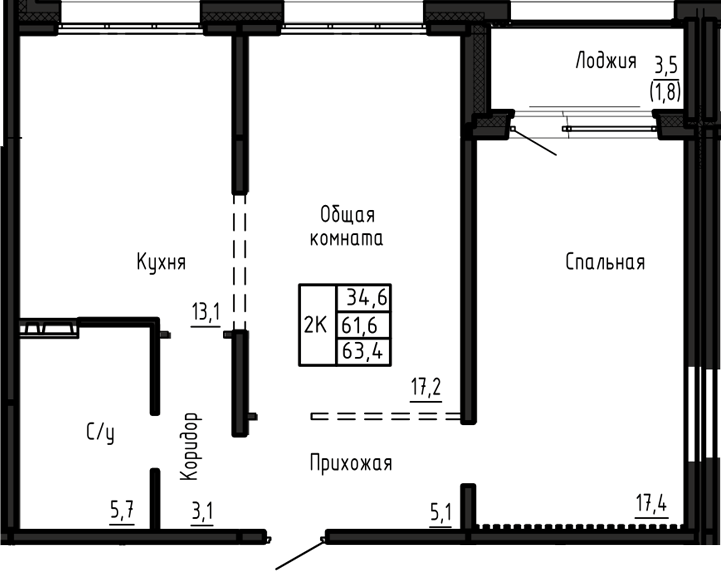 Планировка 2-к.кв 61.60 м² в ЖК «Акварельный 4.0»