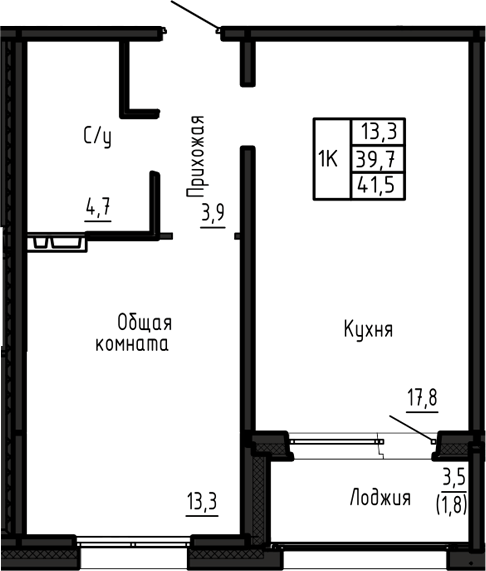 Планировка 1-к.кв 39.70 м² в ЖК «Акварельный 4.0»