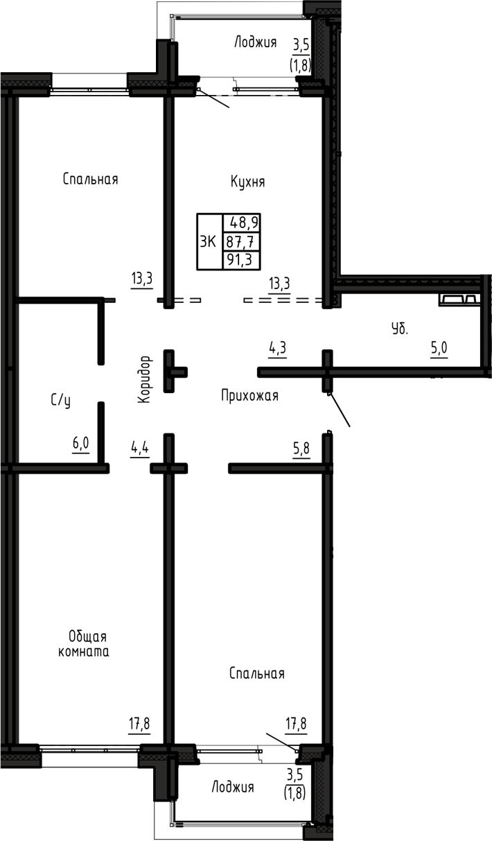 Планировка 3-к.кв 87.70 м² в ЖК «Акварельный 4.0»