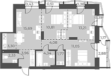 Планировка 4е-к. квартира 70.54 м² в ЖК «Русское солнце»