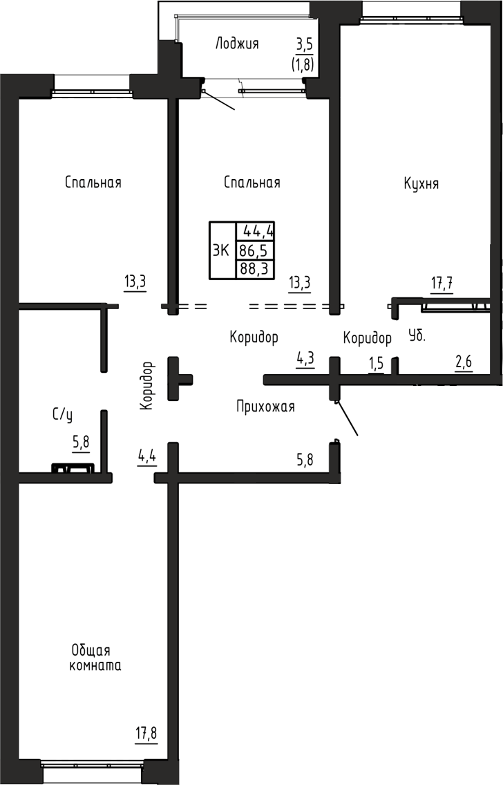 Планировка 3-к.кв 86.50 м² в ЖК «Акварельный 4.0»