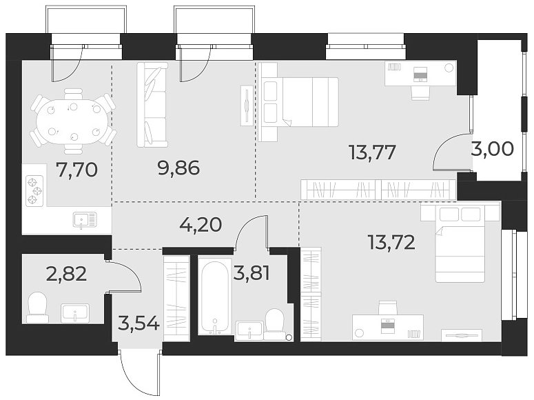 Планировка 3е-к. квартира 59.40 м² в ЖК «Русское солнце»