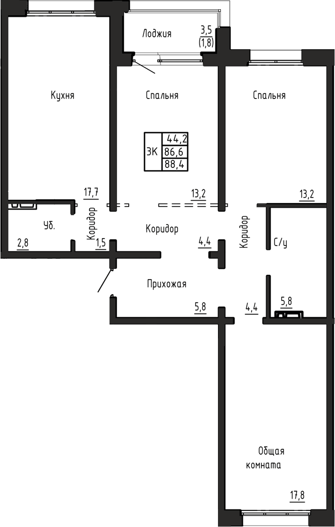 Планировка 3-к.кв 86.60 м² в ЖК «Акварельный 4.0»