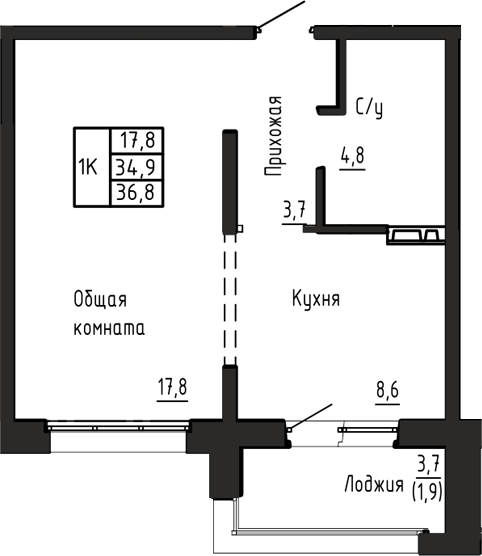 Планировка 1-к.кв 34.90 м² в ЖК «Акварельный 4.0»
