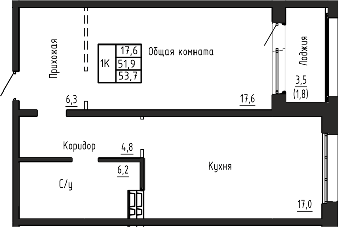 Планировка 1-к.кв 51.90 м² в ЖК «Акварельный 4.0»