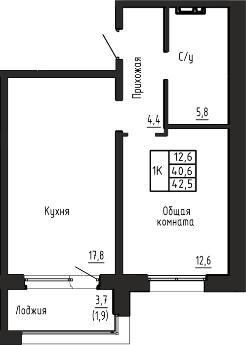 Планировка 1-к.кв 40.60 м² в ЖК «Акварельный 4.0»