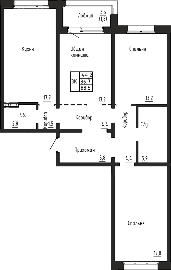 Планировка 3-к.кв 86.70 м² в ЖК «Акварельный 4.0»