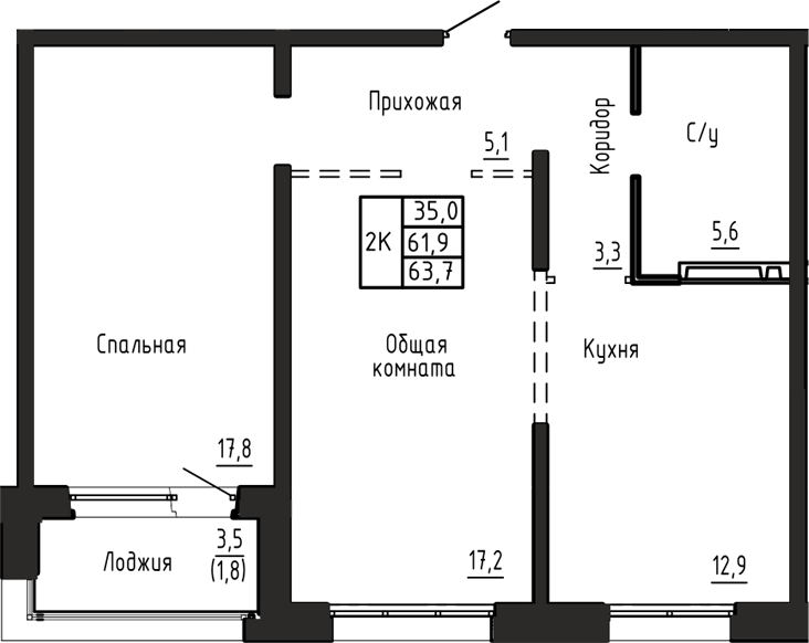 Планировка 2-к.кв 61.90 м² в ЖК «Акварельный 4.0»