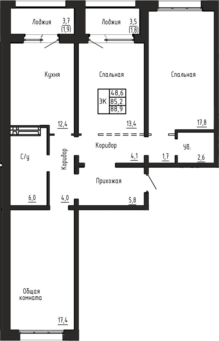 Планировка 3-к.кв 85.20 м² в ЖК «Акварельный 4.0»