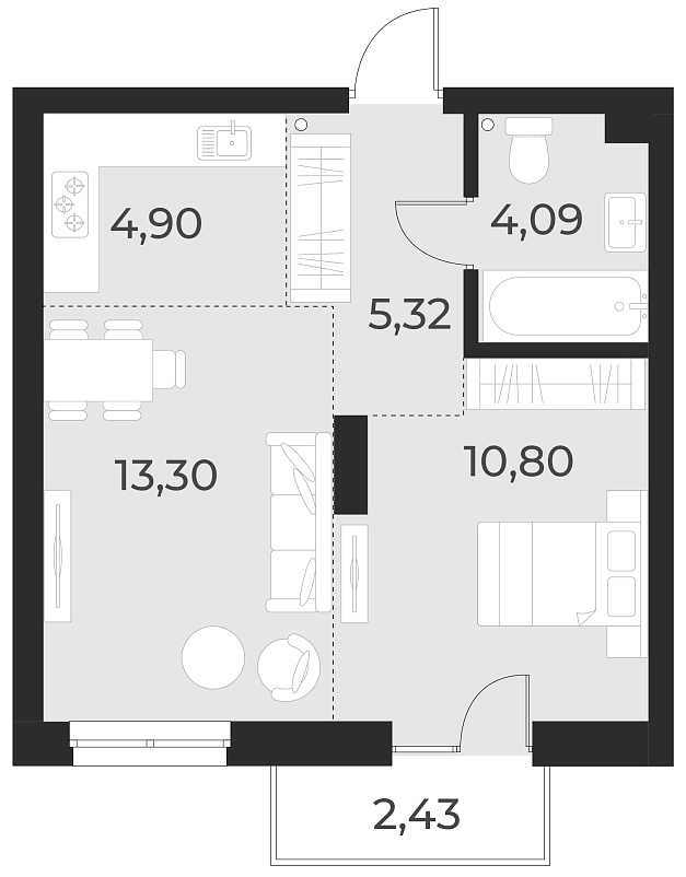Планировка 2е-к.кв 38.40 м² в ЖК «Русское солнце»