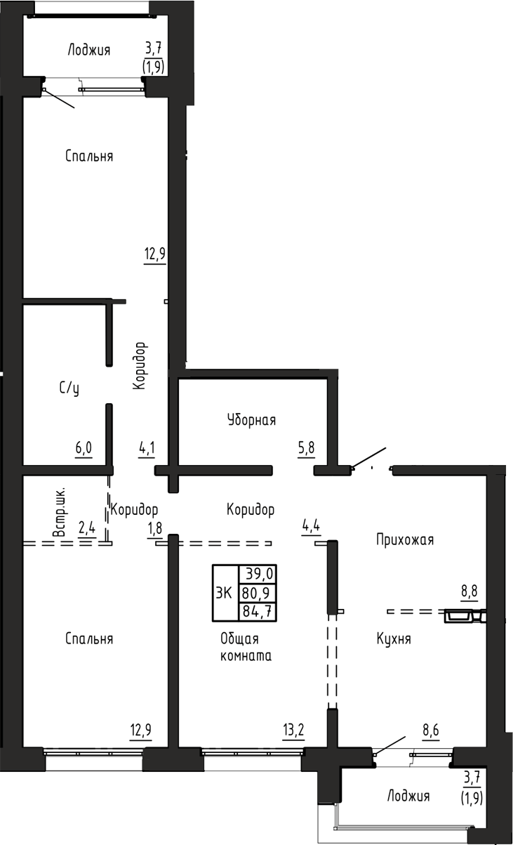 Планировка 3-к.кв 80.90 м² в ЖК «Акварельный 4.0»