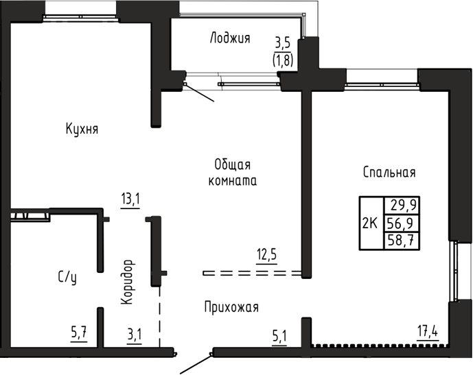 Планировка 2-к.кв 56.90 м² в ЖК «Акварельный 4.0»