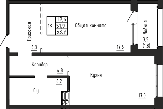 Планировка 1-к.кв 51.90 м² в ЖК «Акварельный 4.0»