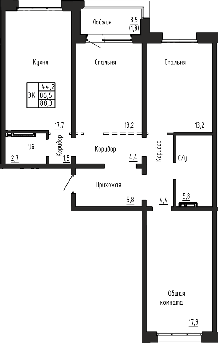 Планировка 3-к.кв 86.50 м² в ЖК «Акварельный 4.0»