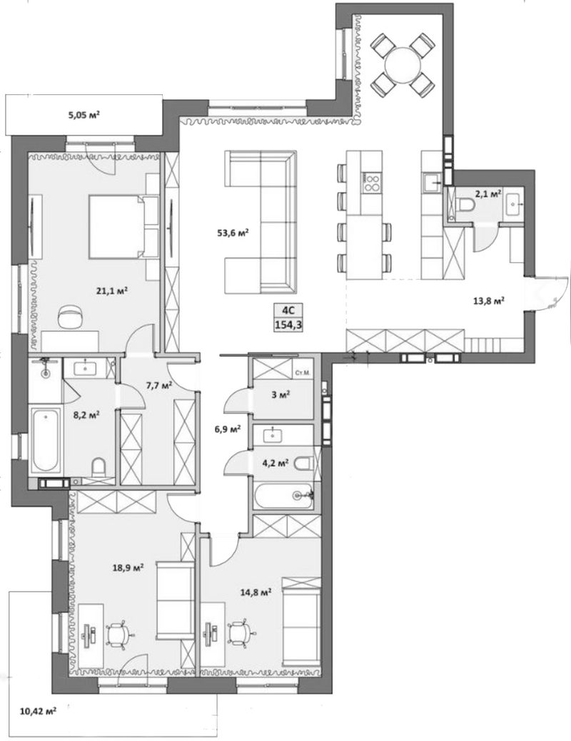 Планировка 4е-к.кв 164.48 м² в ЖК «Жуковка»