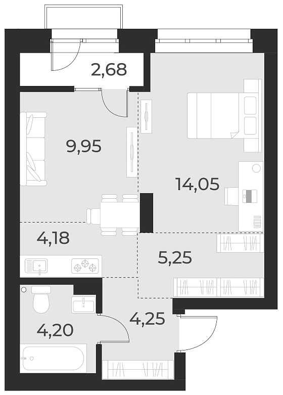 Планировка 2е-к.кв 41.90 м² в ЖК «Русское солнце»