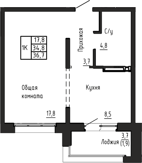 Планировка 1-к.кв 34.80 м² в ЖК «Акварельный 4.0»