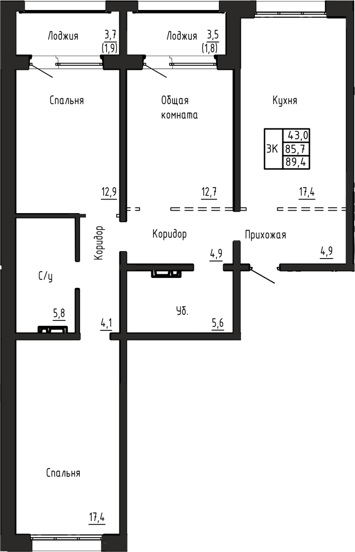 Планировка 3-к.кв 85.70 м² в ЖК «Акварельный 4.0»