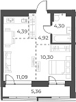 Планировка 2е-к. квартира 35.00 м² в ЖК «Русское солнце»