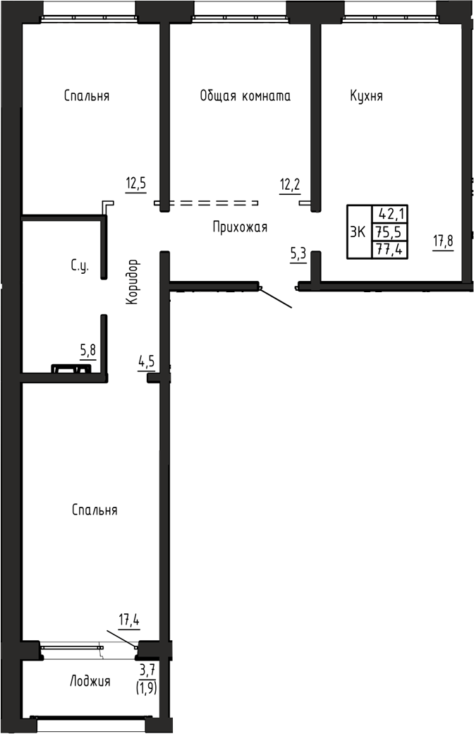 Планировка 3-к.кв 75.50 м² в ЖК «Акварельный 4.0»