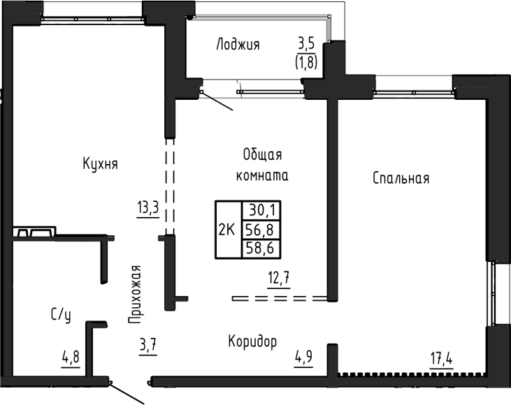 Планировка 2-к.кв 56.80 м² в ЖК «Акварельный 4.0»