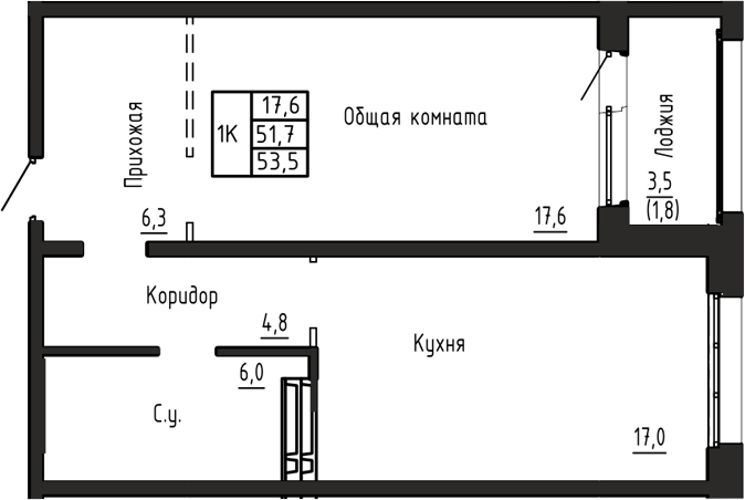 Планировка 1-к.кв 51.70 м² в ЖК «Акварельный 4.0»