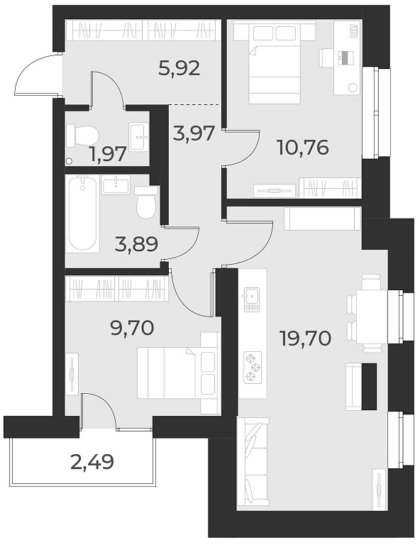 Планировка 2-к. квартира 55.90 м² в ЖК «Русское солнце»