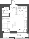 Планировка 2е-к.кв 34.32 м² в ЖК «Русское солнце»