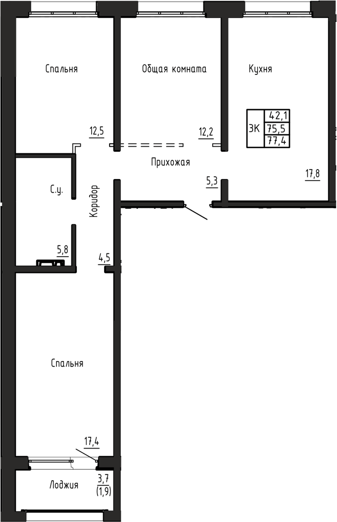 Планировка 3-к.кв 75.50 м² в ЖК «Акварельный 4.0»
