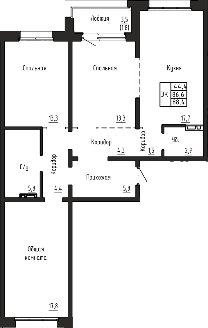 Планировка 3-к.кв 86.60 м² в ЖК «Акварельный 4.0»