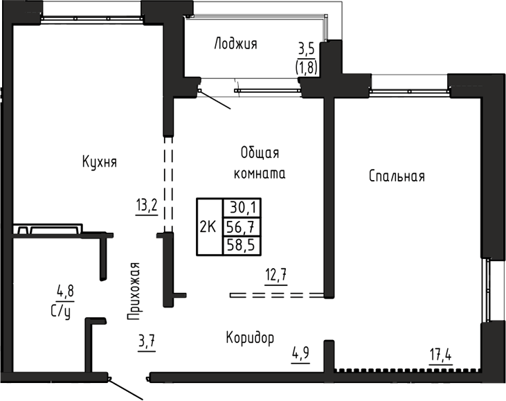 Планировка 2-к.кв 56.70 м² в ЖК «Акварельный 4.0»