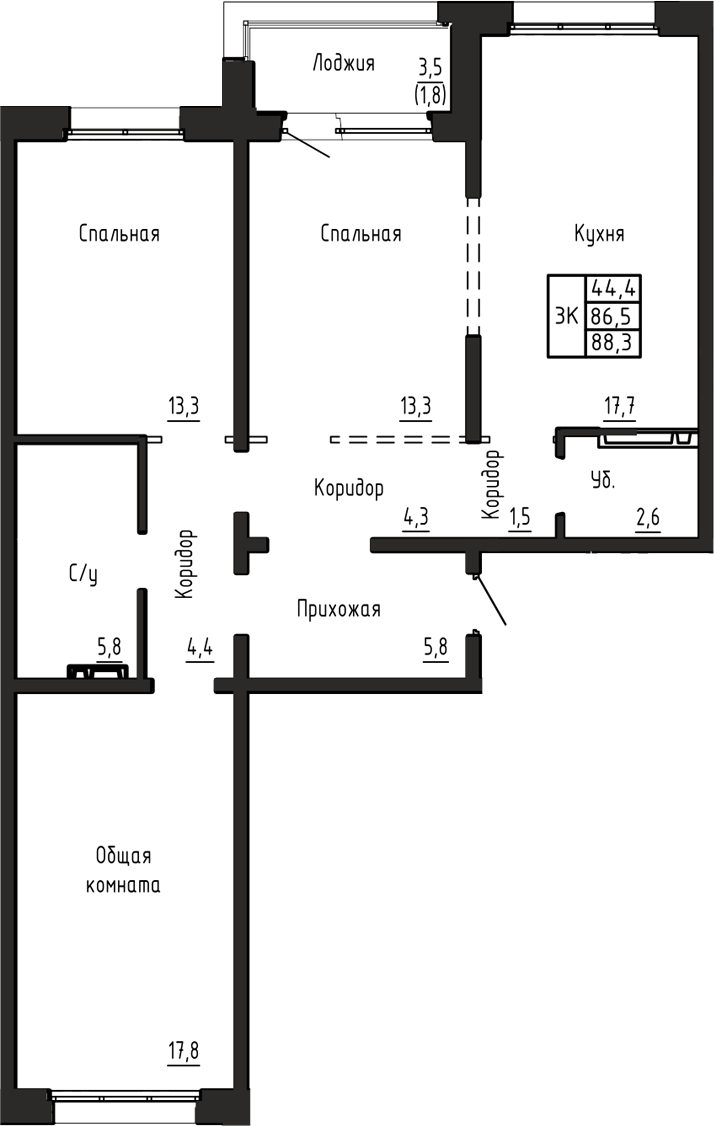 Планировка 3-к.кв 86.50 м² в ЖК «Акварельный 4.0»