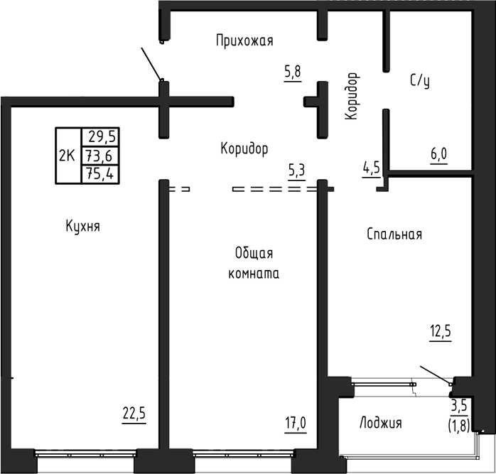 Планировка 2-к.кв 73.60 м² в ЖК «Акварельный 4.0»
