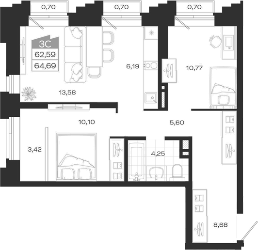 Планировка 3е-к. квартира 63.00 м² в ЖК «Ясный Берег»