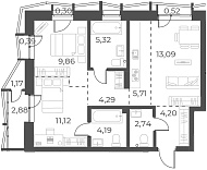 Планировка 3е-к.кв 60.52 м² в ЖК «Русское солнце»