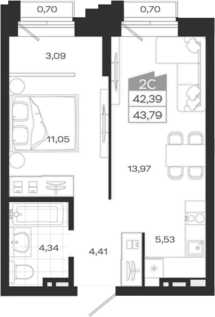 Планировка 2е-к. квартира 42.39 м² в ЖК «Ясный Берег»
