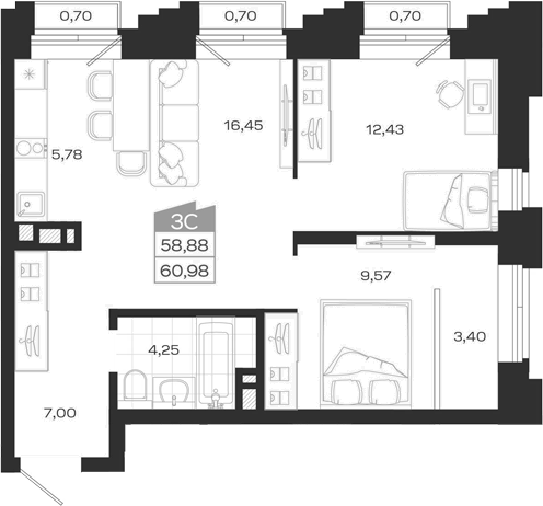Планировка 3е-к.кв 59.28 м² в ЖК «Ясный Берег»