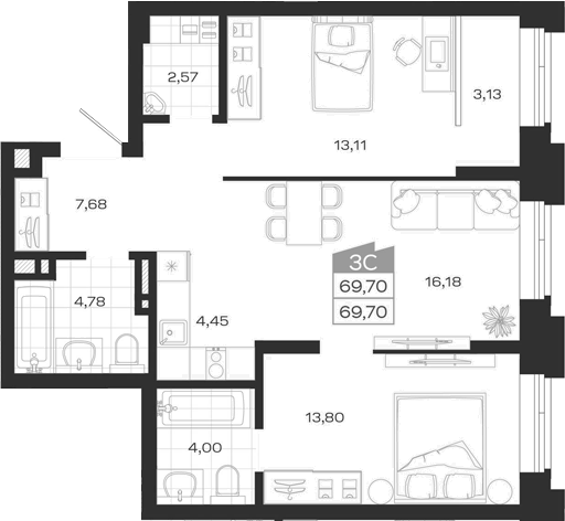 Планировка 3е-к.кв 69.70 м² в ЖК «Ясный Берег»