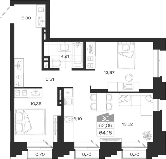 Планировка 3е-к.кв 62.06 м² в ЖК «Ясный Берег»