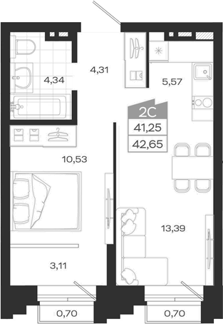 Планировка 2е-к.кв 41.63 м² в ЖК «Ясный Берег»
